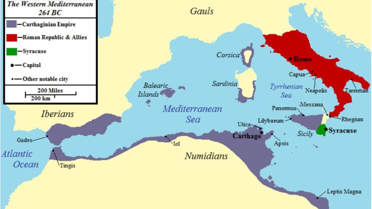 mappa del Mediterraneo prima della Guerra Punica 