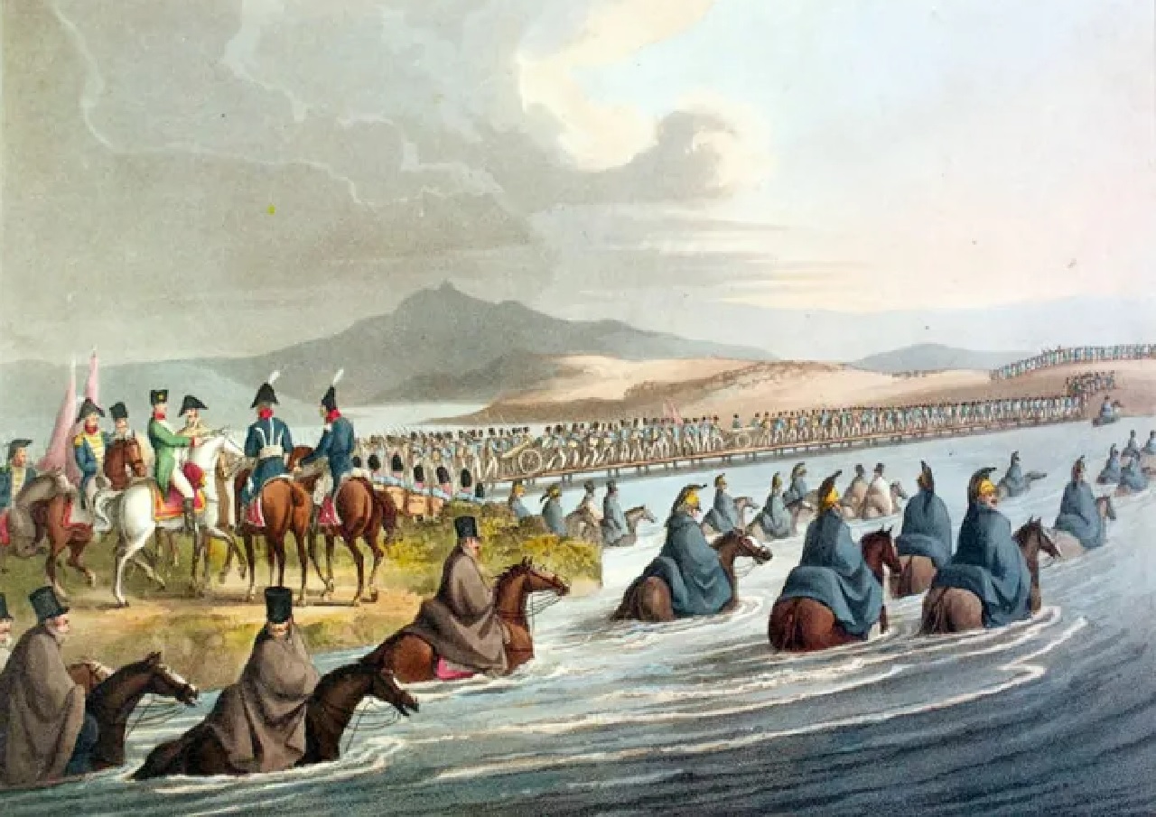 soldati a cavallo attraversano fiume