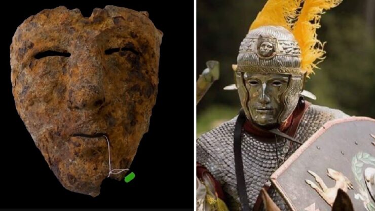 ritrovata rara maschera militare romana di ferro