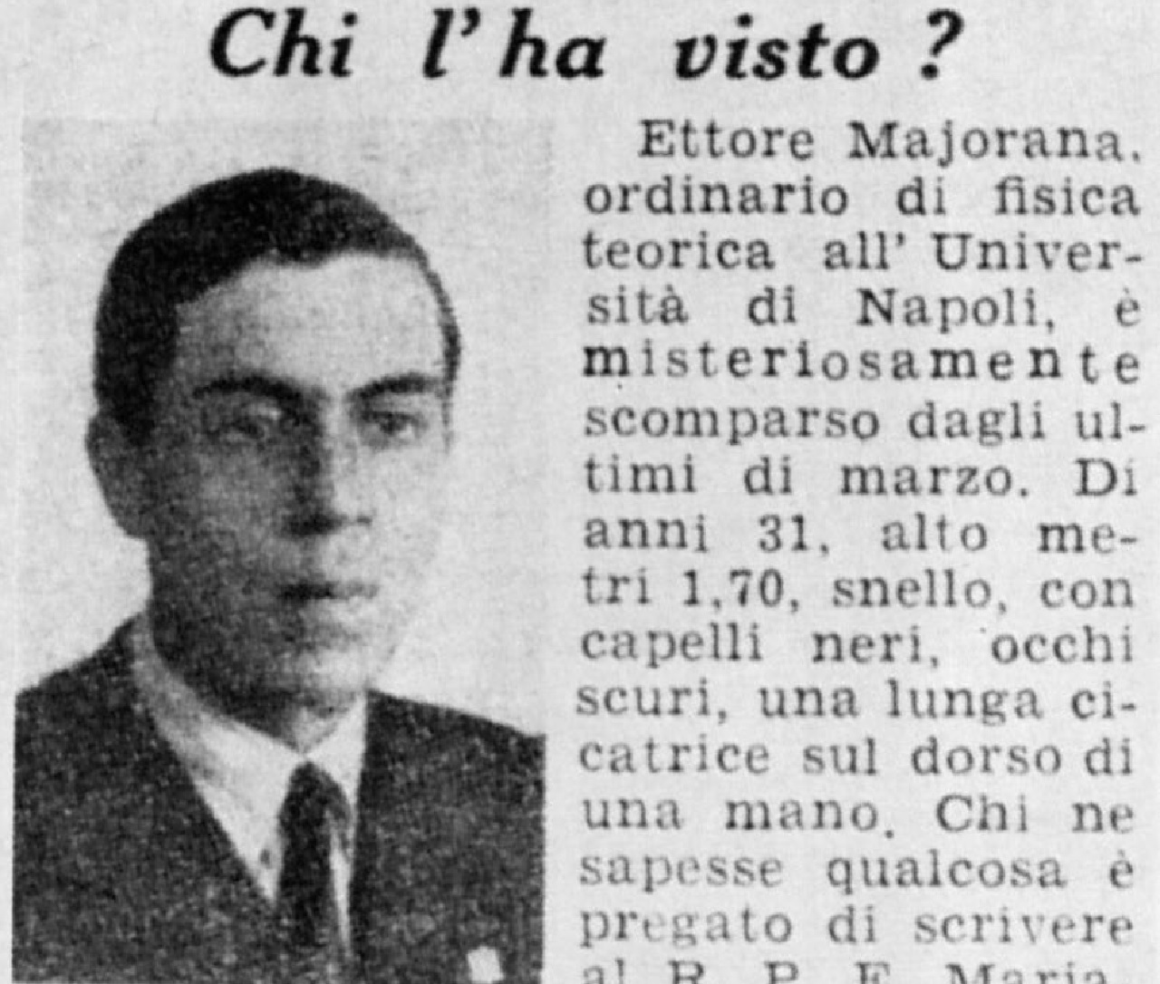 Ettore Majorana annuncio giornale scomparsa