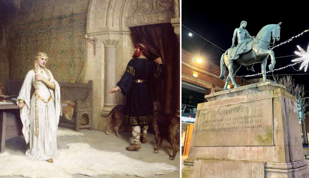 Lady Godiva dipinto di Edmund Blair Leighton 1892 e monumento centro di Coventry