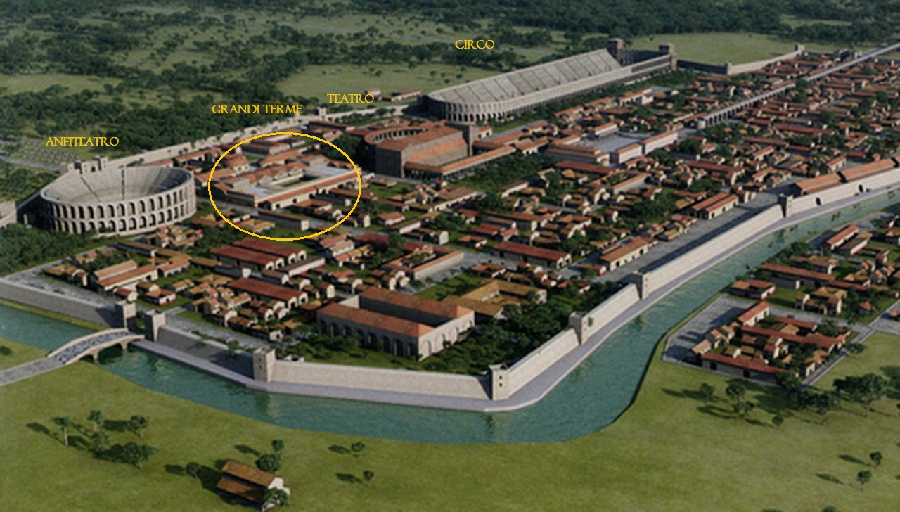 Ricostruzione Aquileia con (in ordine sud-nord) Anfiteatro, Terme, Teatro, Circo