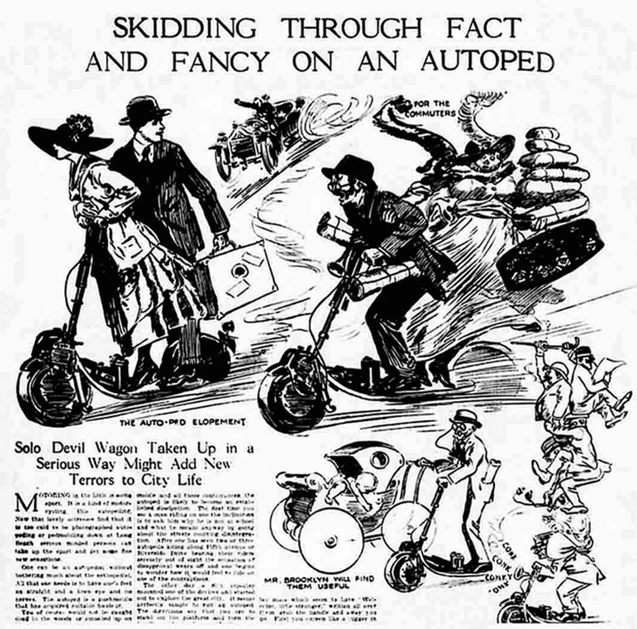 Monopattini vignetta illustrativa inizio XX secolo