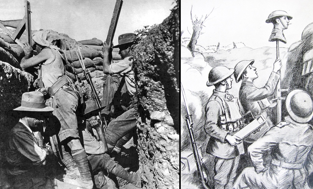 cecchino a sinistra soldati australiani che utilizzano ottica per avvistamento in una trincea di Gallipoli, a destra manichino inglese