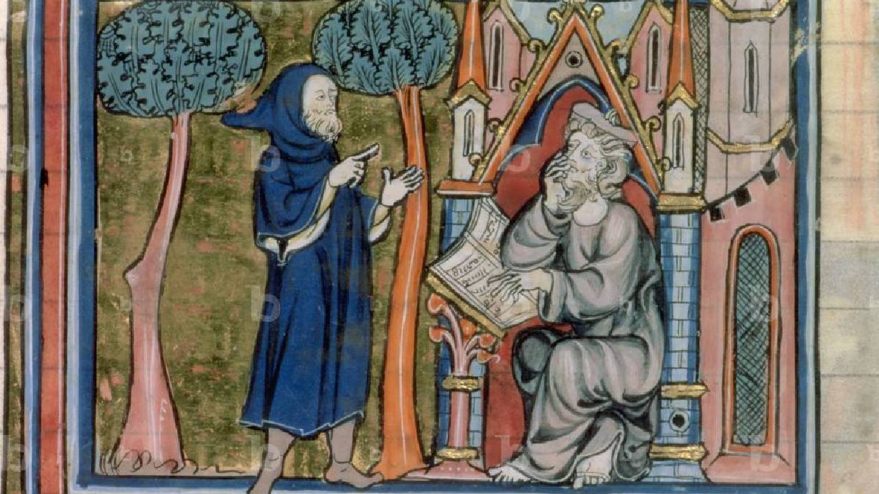 Manoscritto medievale contenente la raffigurazione di una scena di Merlino secondo la versione di Robert de Boron. 