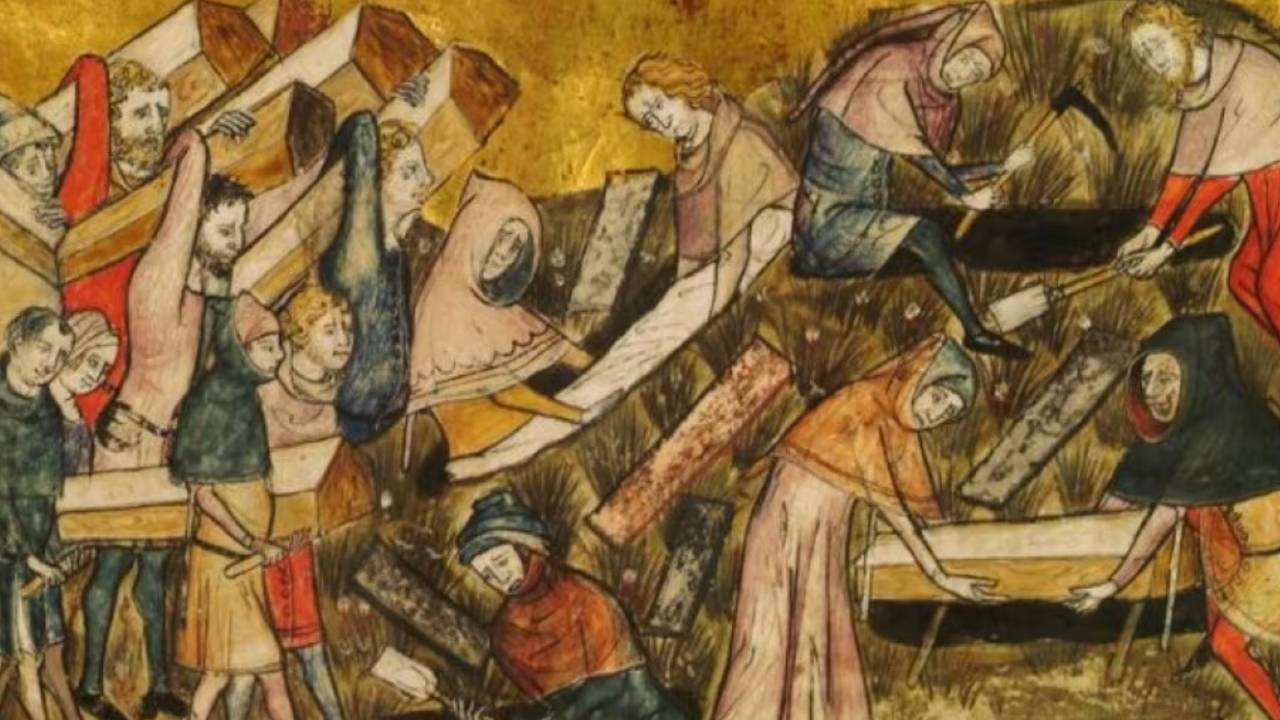 Sepoltura delle vittime della Peste nera in una miniatura del 1353. 