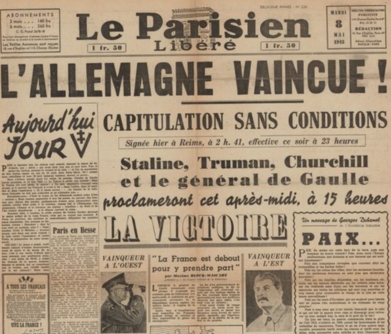 Giornale francese annuncia la resa tedesca dell'8 maggio 1945