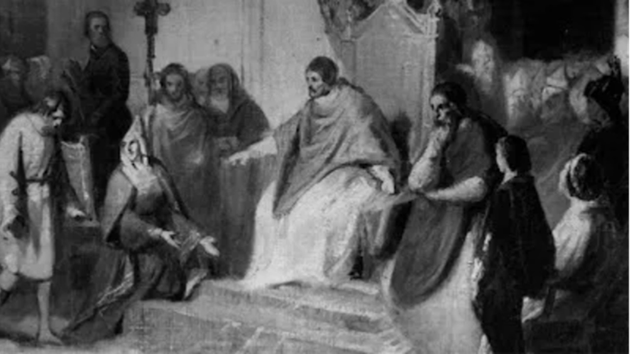 Immagine di fantasia dell'Umiliazione di Canossa, parte della lotta per le investiture che si concluse il 23 settembre 1122 con il Concordato di Worms