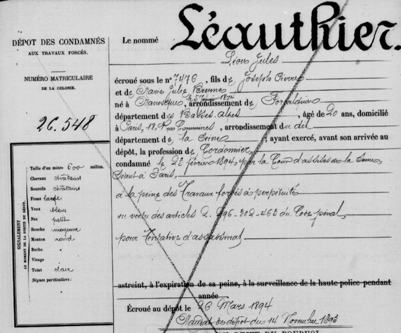 13 novembre casellario prigionia Léon Léauthier