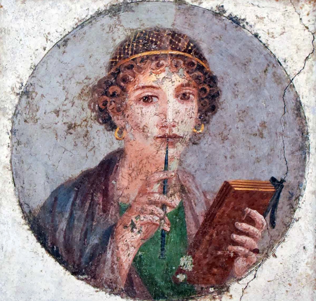 compleanno affresco donna con stilo e tavola cera