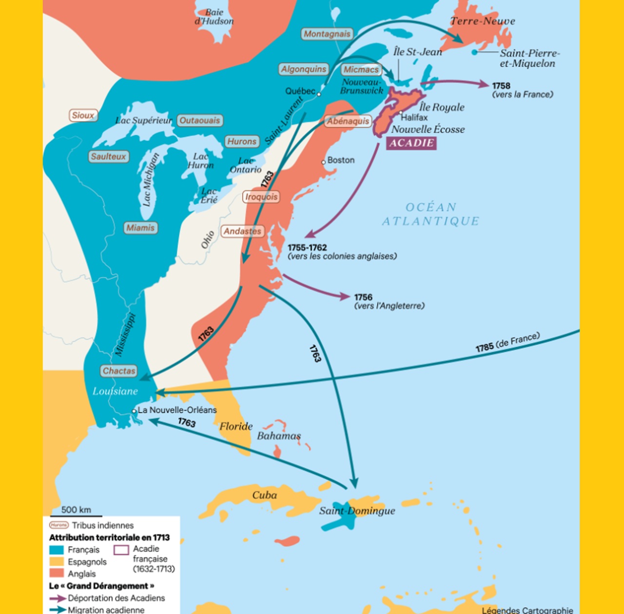 grande deportazione degli acadiani mappa XVIII secolo