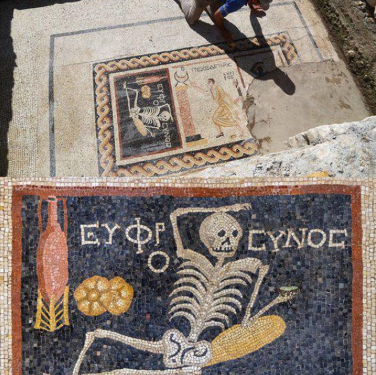 Siate felici e godetevi la vita mosaico scheletro Antiochia