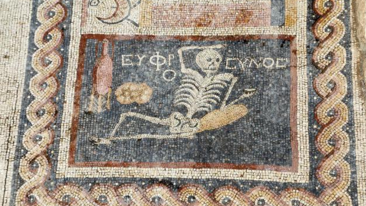 Lo scheletro del mosaico antico che dice "Siate felici e godetevi la vita"